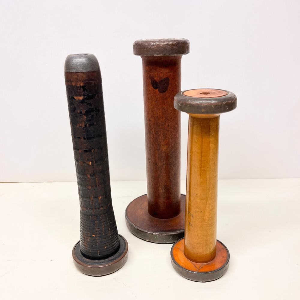 Vintage Textile Mill Spindle Bobbin Spools Set of 3